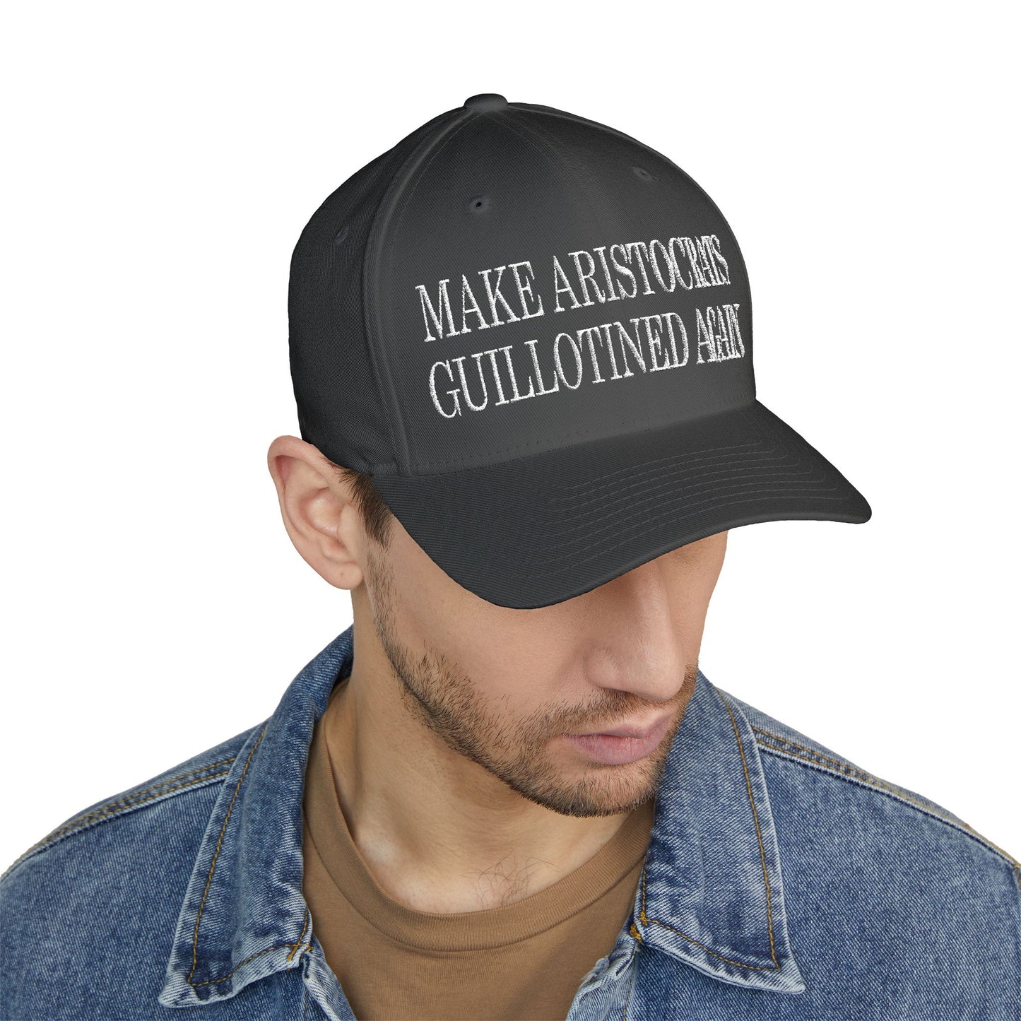 Make Aristocrats Guillotined Again - Embroidered Fitted Closed-Back Cap - Revolutionary Humor - Satire