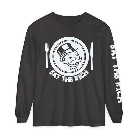 Eat the Rich - hand-drawn graphic on the front and graphic on the sleeve, on ComfortColors Long Sleeve T-Shirt, Unisex Casual Tee,
