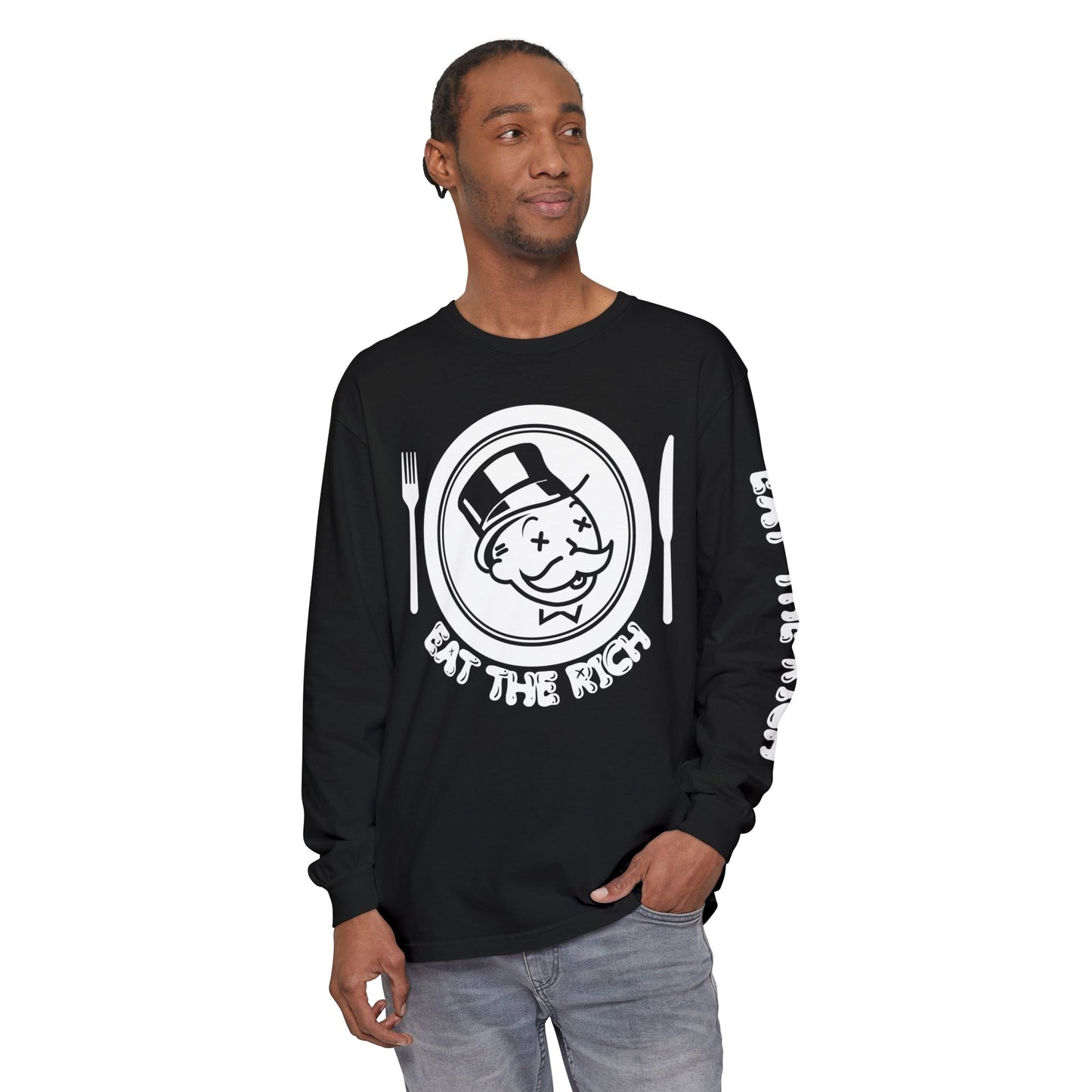 Eat the Rich - hand-drawn graphic on the front and graphic on the sleeve, on ComfortColors Long Sleeve T-Shirt, Unisex Casual Tee,