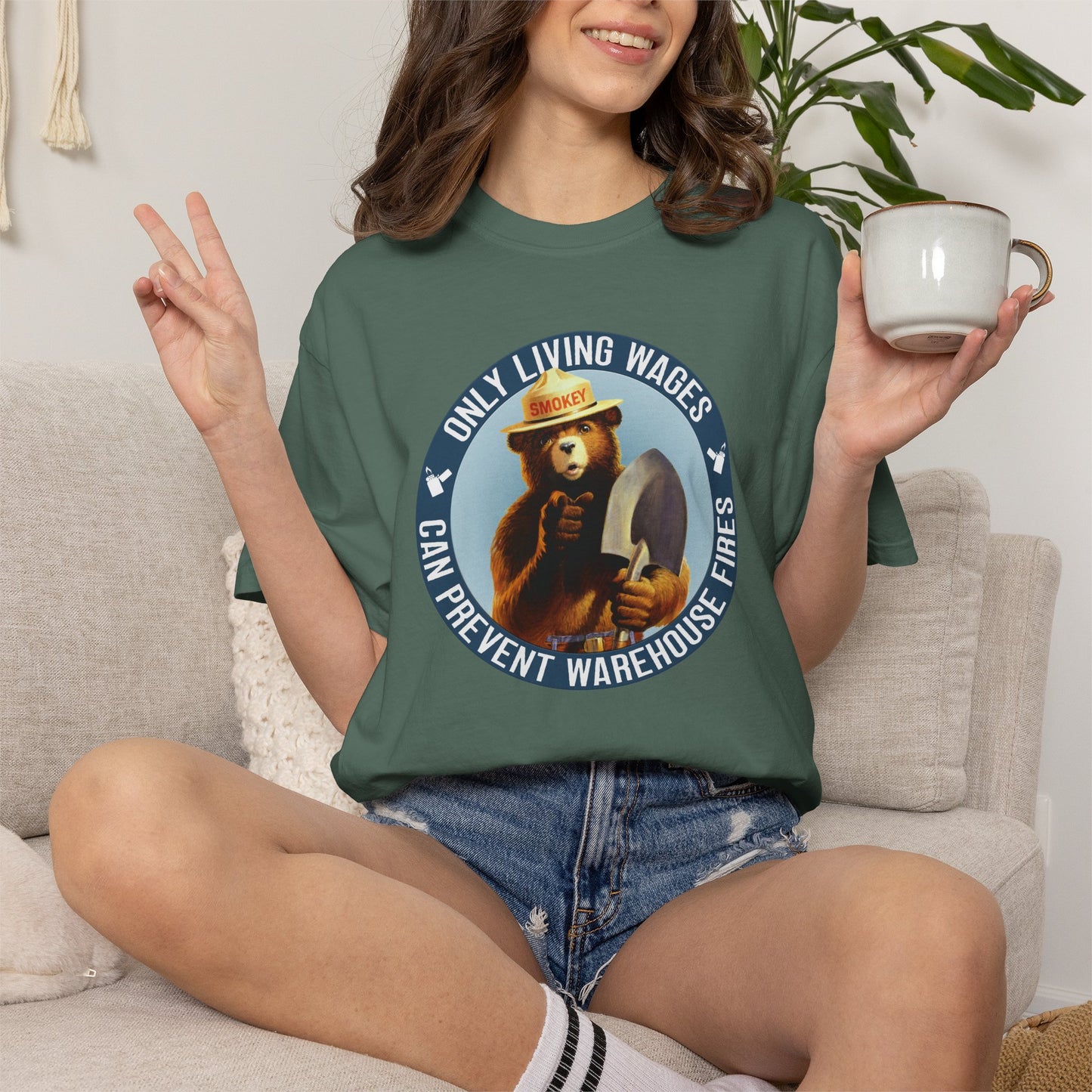 Smokey Bear Living Wages Funny T-Shirt – Workers Rights Graphic Tee