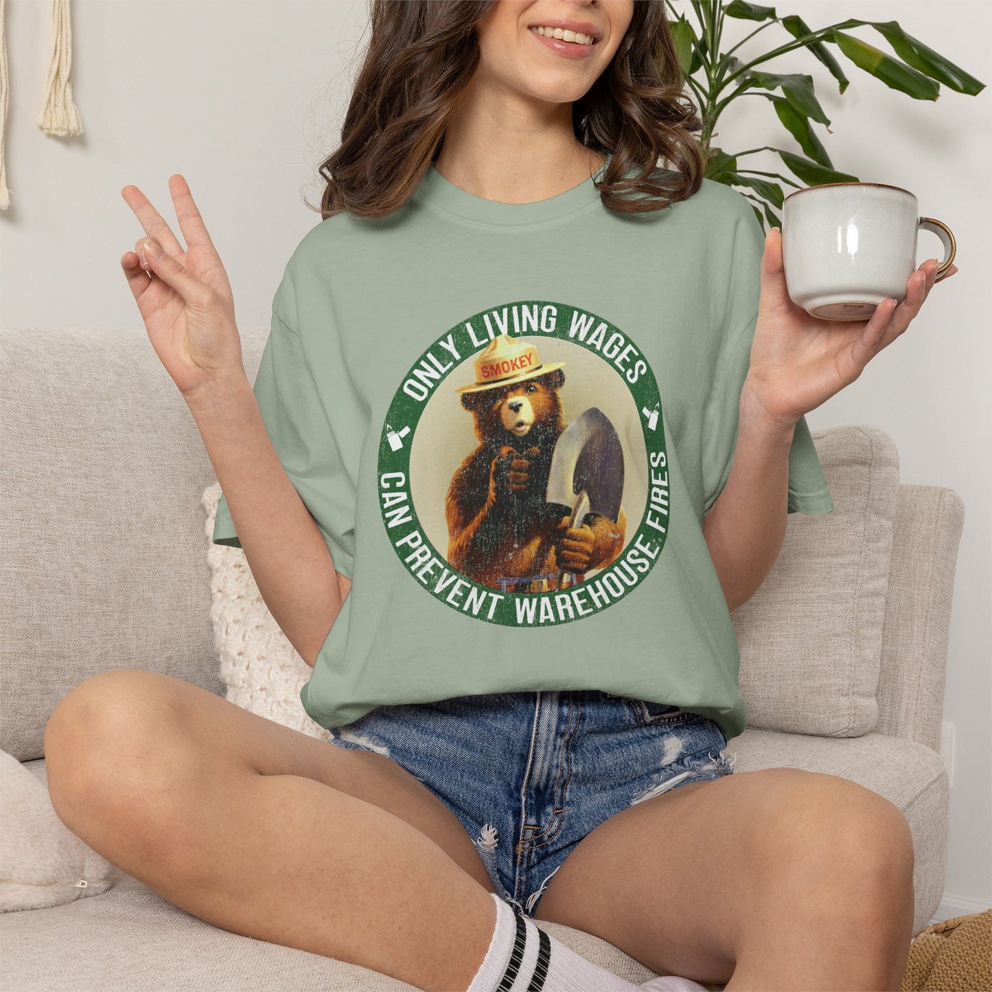Smokey Bear Living Wages Funny T-Shirt – Workers Rights Graphic Tee