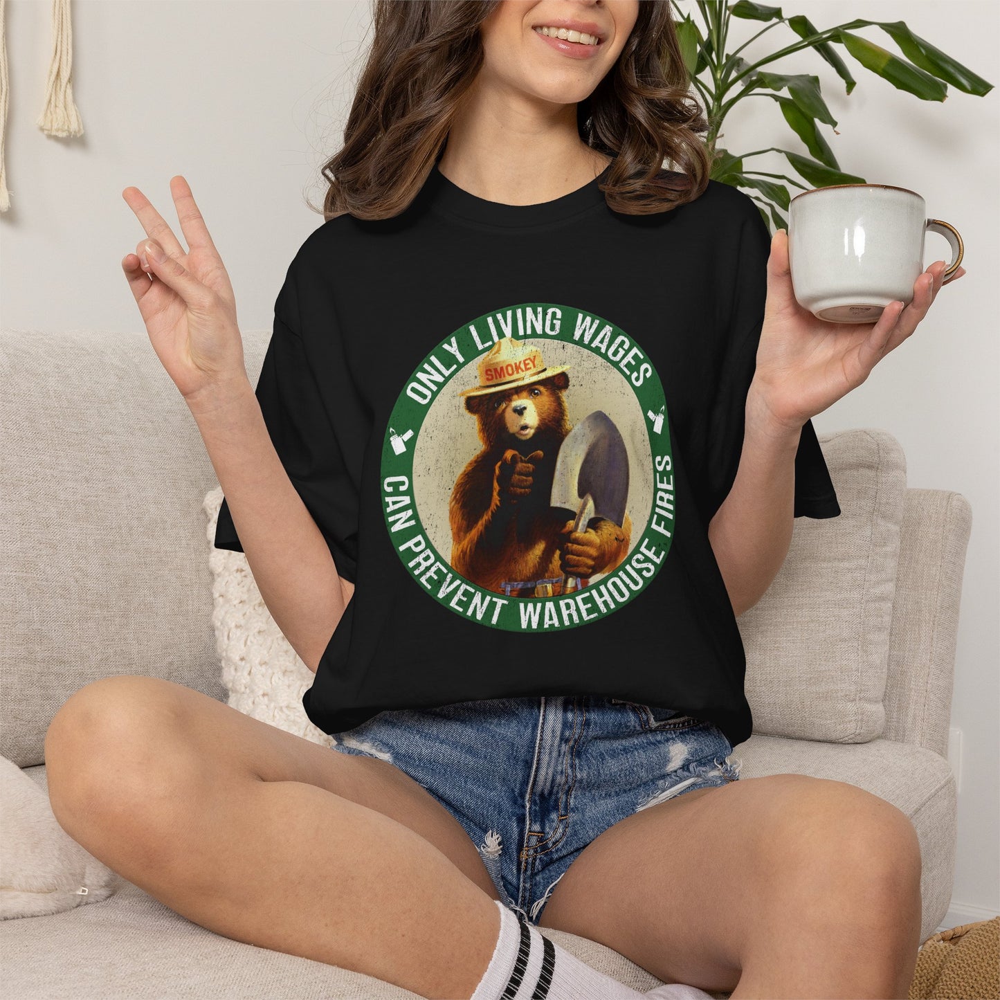 Smokey Bear Living Wages Funny T-Shirt – Workers Rights Graphic Tee