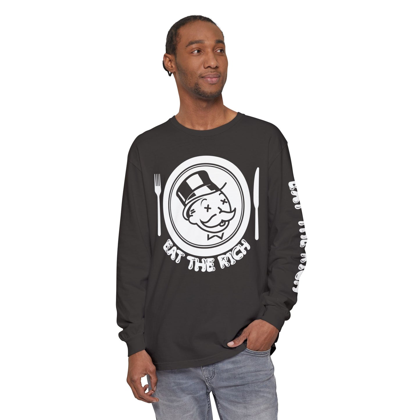 Eat the Rich - hand-drawn graphic on the front and graphic on the sleeve, on ComfortColors Long Sleeve T-Shirt, Unisex Casual Tee,