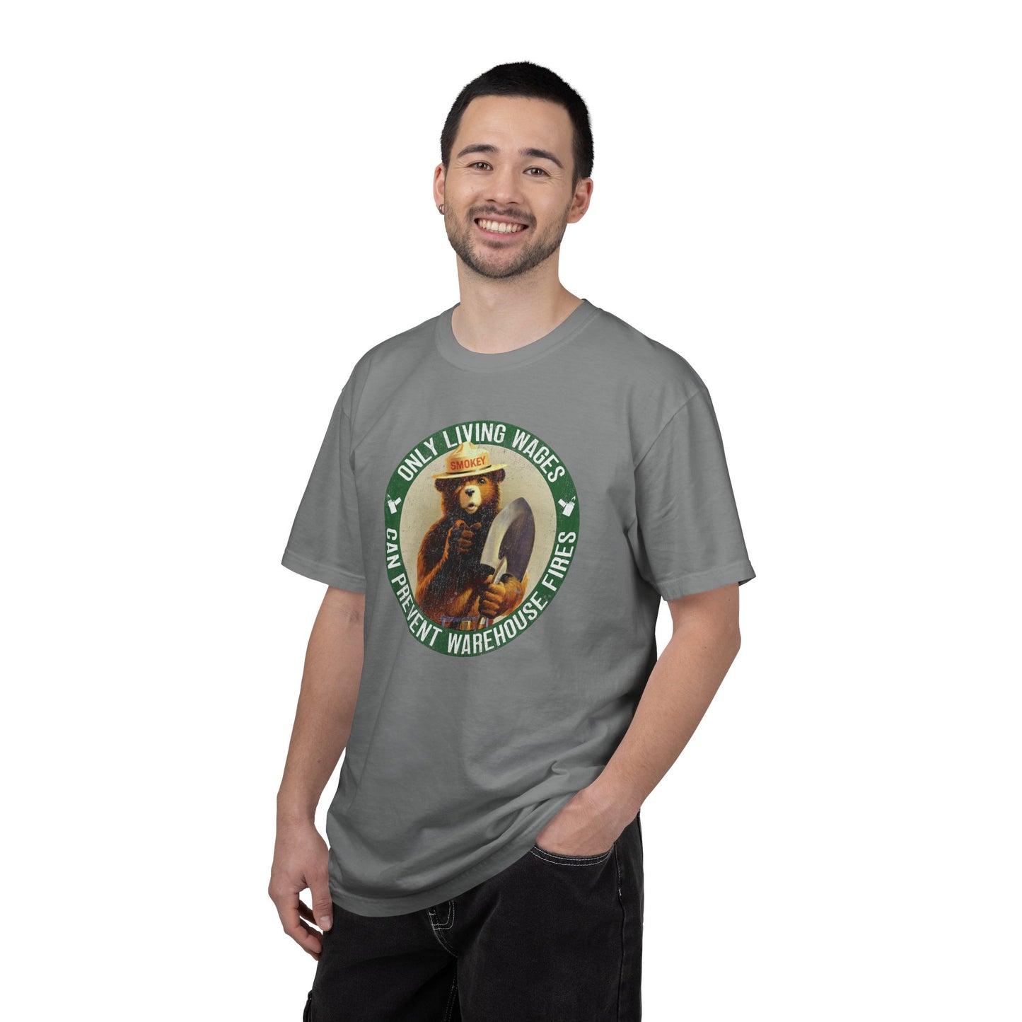 Smokey Bear Living Wages Funny T-Shirt – Workers Rights Graphic Tee