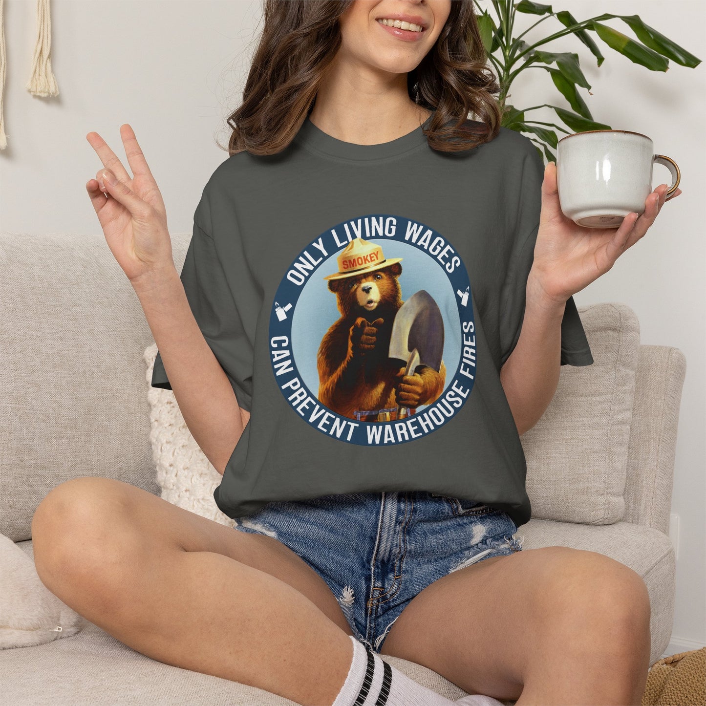 Smokey Bear Living Wages Funny T-Shirt – Workers Rights Graphic Tee