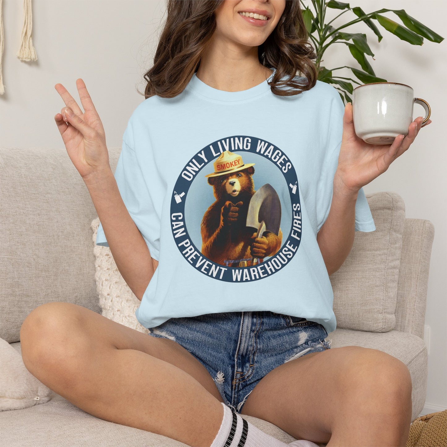 Smokey Bear Living Wages Funny T-Shirt – Workers Rights Graphic Tee