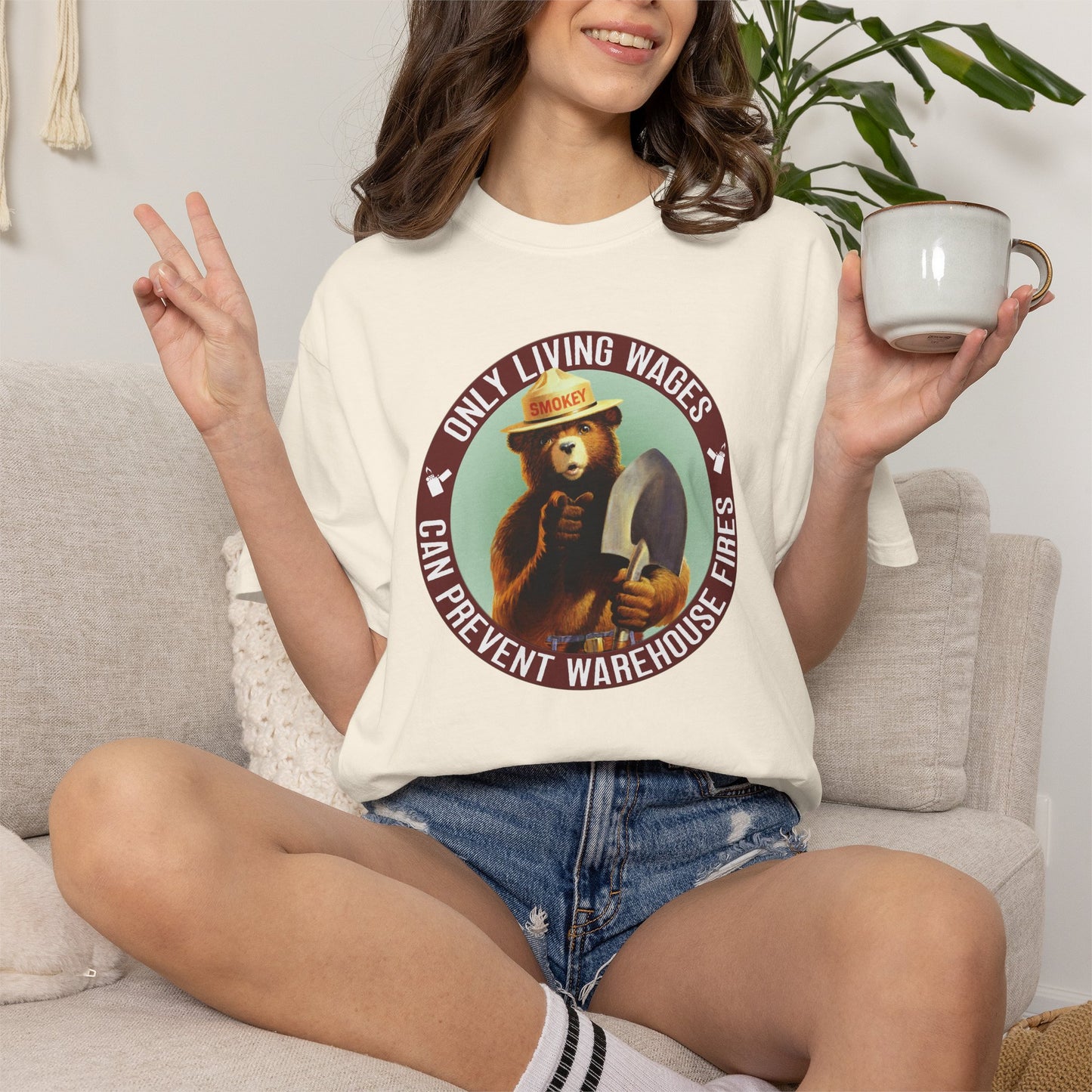 Smokey Bear Living Wages Funny T-Shirt – Workers Rights Graphic Tee