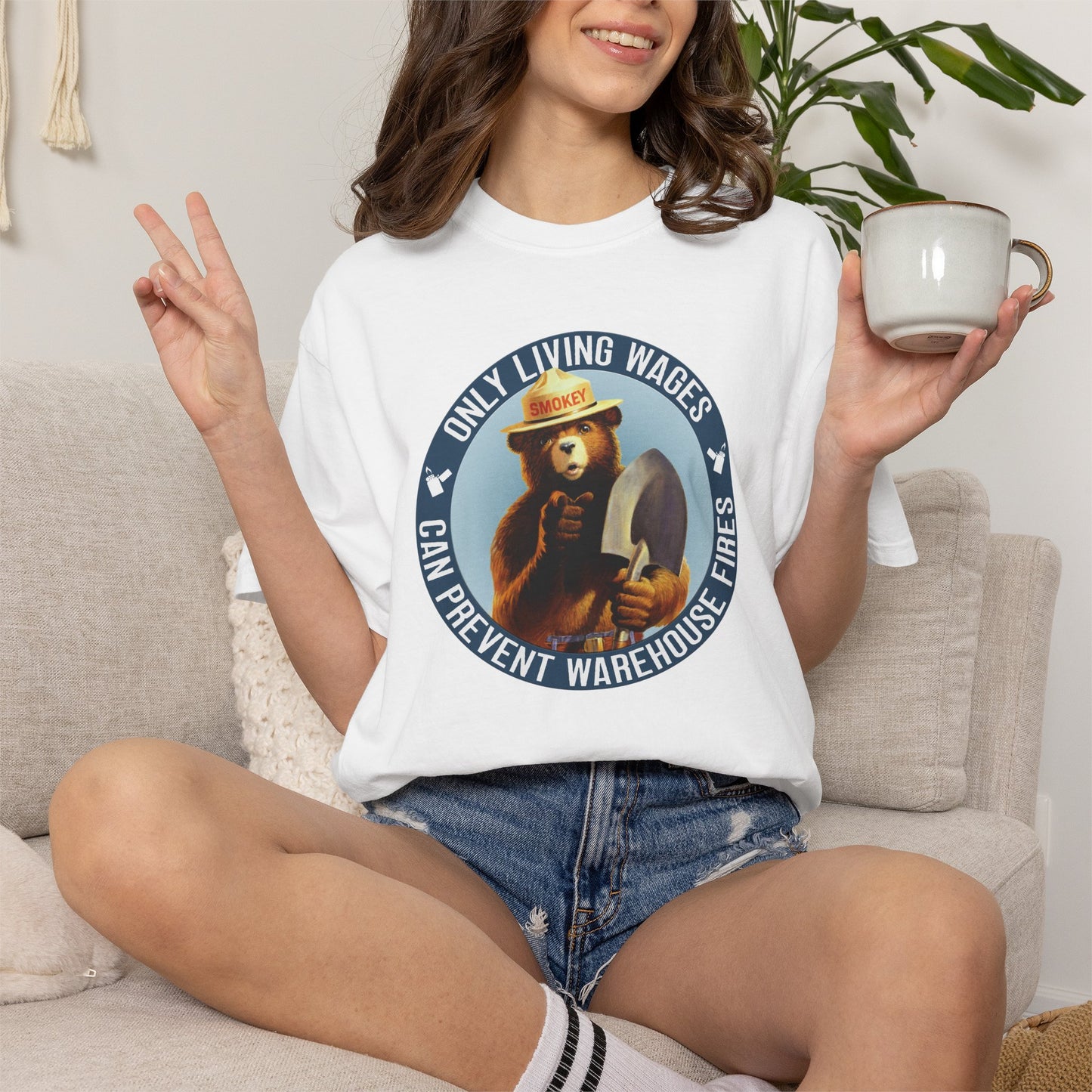 Smokey Bear Living Wages Funny T-Shirt – Workers Rights Graphic Tee