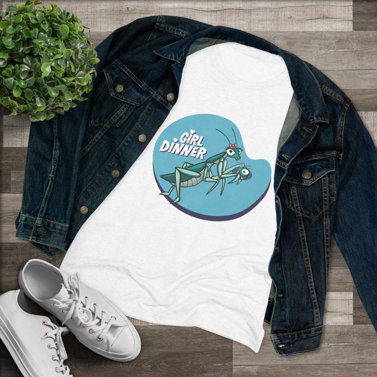Girl Dinner Praying Mantis T-Shirt – Funny Sassy Insect Graphic Soft Triblend Tee Shirt