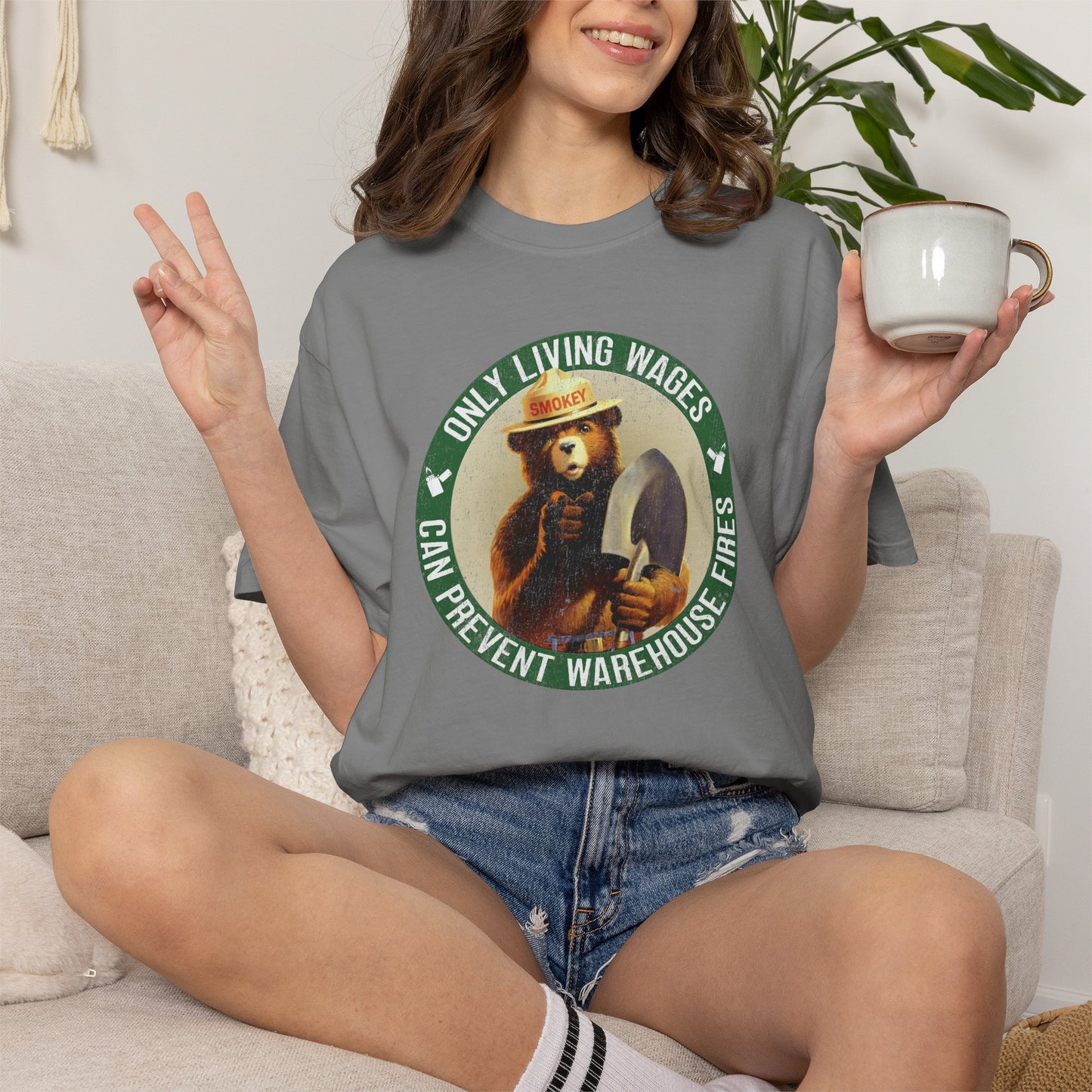 Smokey Bear Living Wages Funny T-Shirt – Workers Rights Graphic Tee